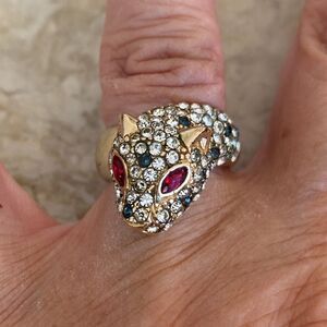 Gold Over Sterling Silver Panther & Crystals Statement Ring Vintage